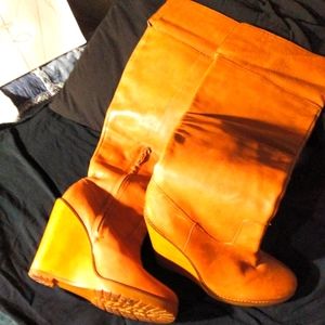 Ralph Lauren over the knee, calf skin, birch wedge heel boots size 11